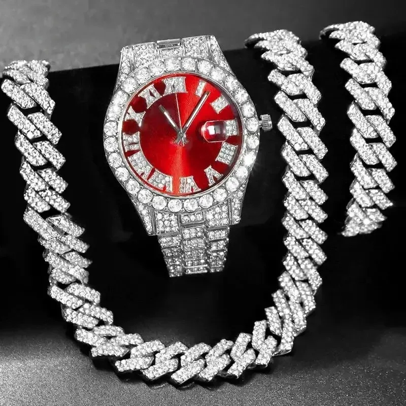 Fashion rhinestone watch hip hop 14mm claw cuban chain rapper cuban necklace set men and women punk party gift