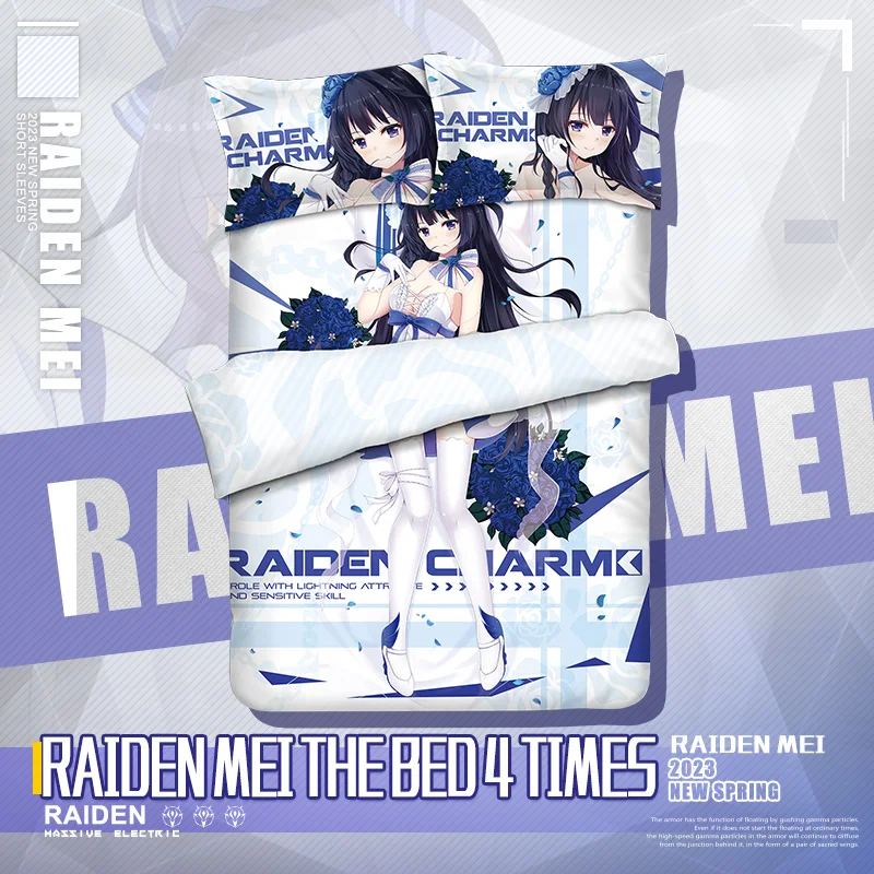 MmiHoyo Raiden Mei Anime Bedding Set, Home Bed Sheets, Duvet Cover, 4Pcs