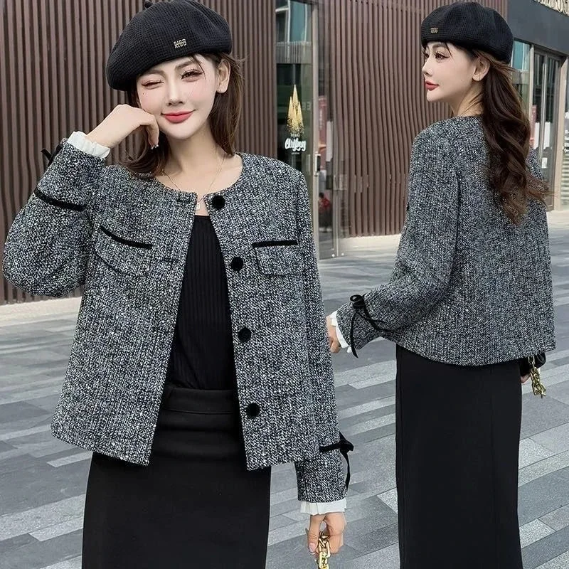 

Women's Jacket New 2026 Spring Autumn Short Coat Top Dark Gray Small Fragrant Style Outerwear Korean Girls Receive High Praise
