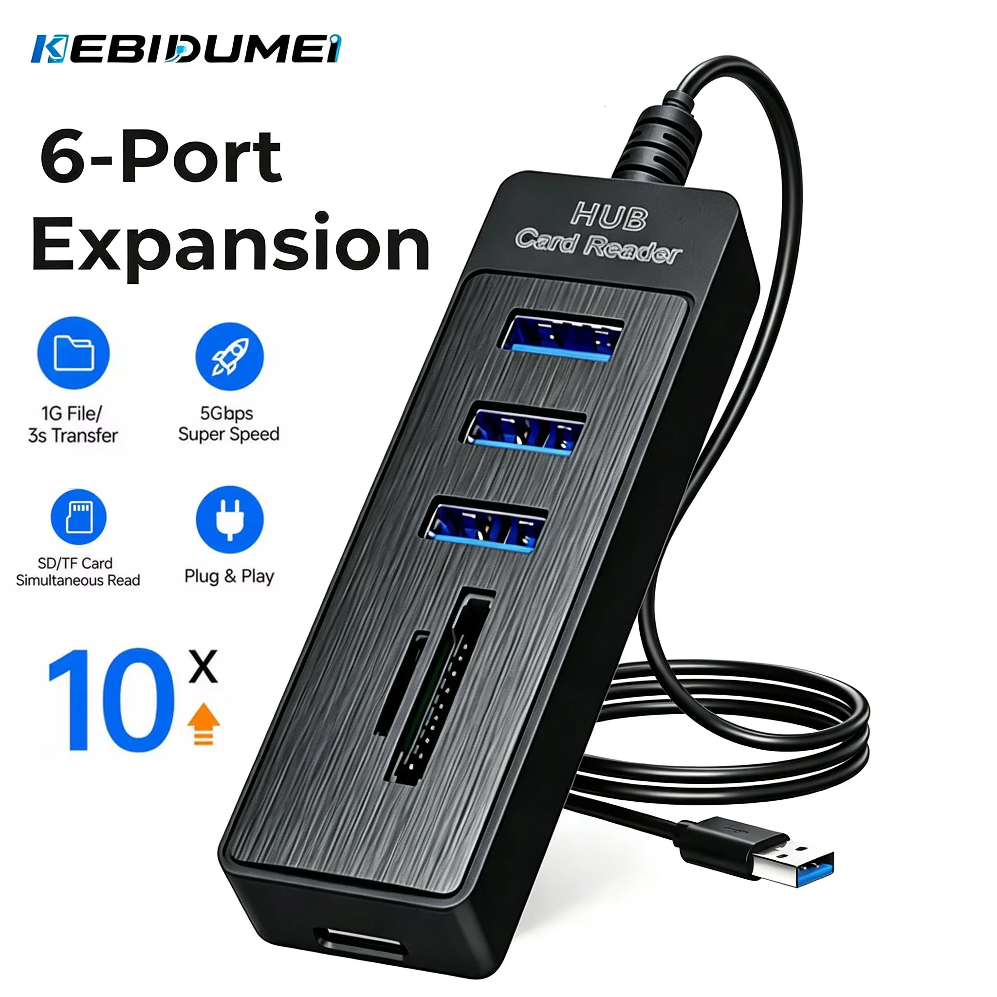 KEBIDUMEI High Speed 6 Ports HUB USB 3.0 Adapter Expander Multi USB Splitter Multiple Extender TF Card Reader for PC Laptop