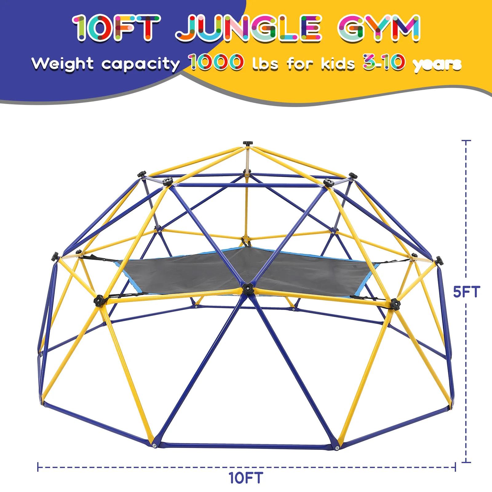 10FT Outdoor Climbing Dome Jungle Gym with Hammock and Swing Supports 1000lbs Outdoor Climbing Toys for Kids Ages 4-8