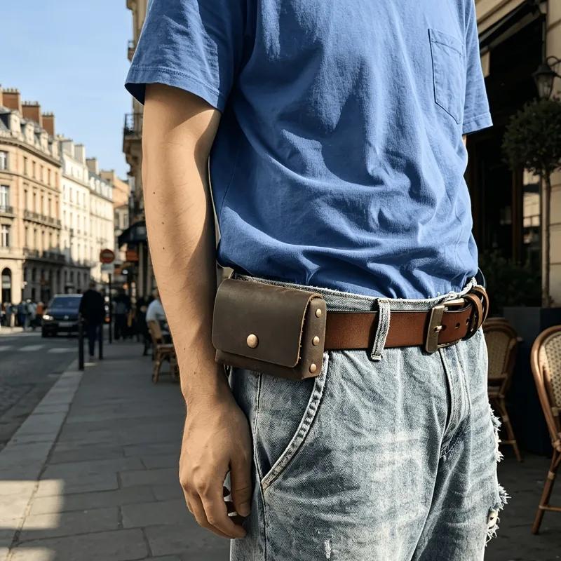 Studded Horizontal Waist Bag – Vintage Men's Travel Belt Wallet for Cards and Cash; Compact,Portable,Durable for Daily Commuting