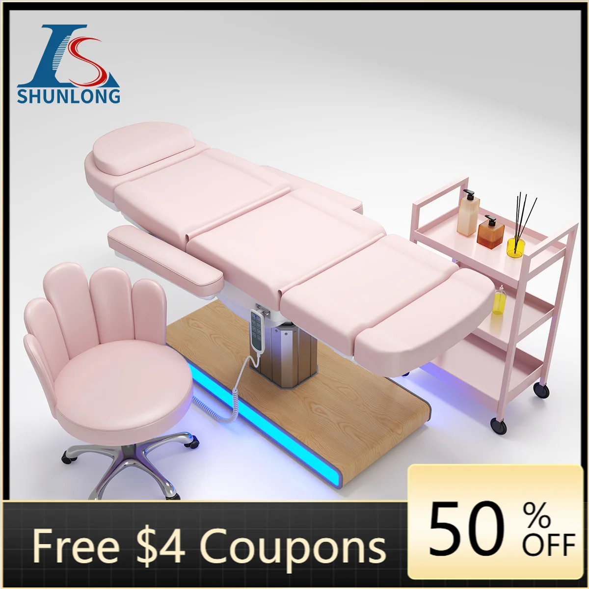 Electric Podiatry Chair Pink PU Wood Grain Base LED Ambient Light Reclining Pedicure Treatment Chair, Complete Set With Pink She