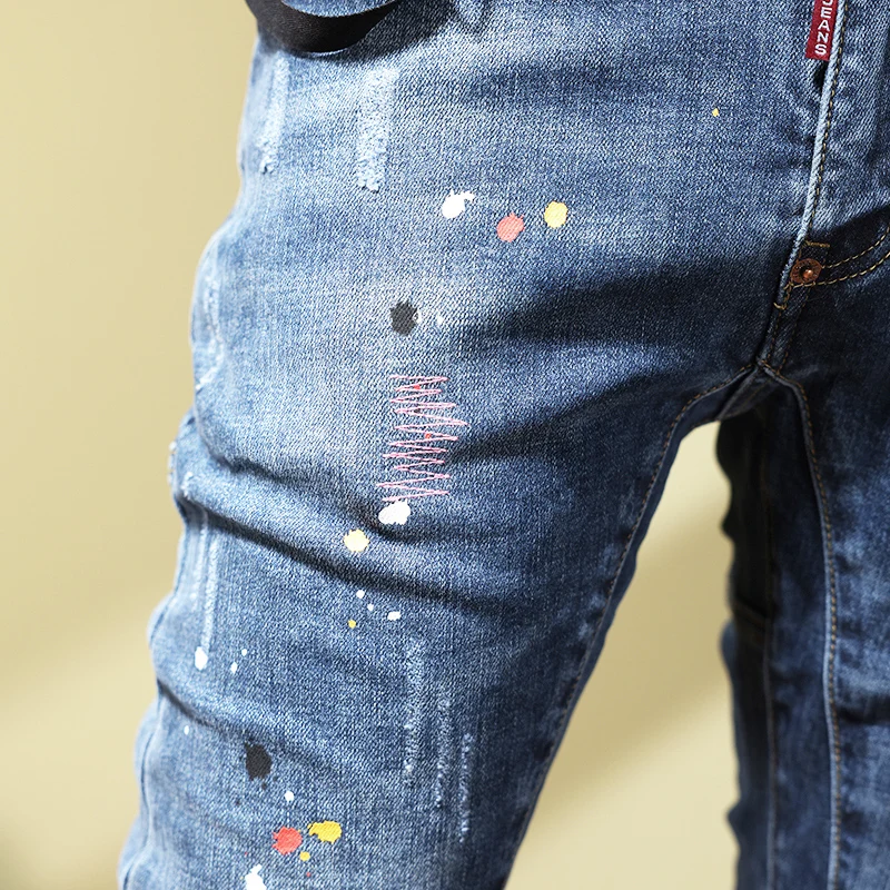 High Street Fashion Men Jeans Retro Blue Elastic Stretch Slim Fit Painted Ripped Jeans Men Spliced Designer Hip Hop Pants Hombre