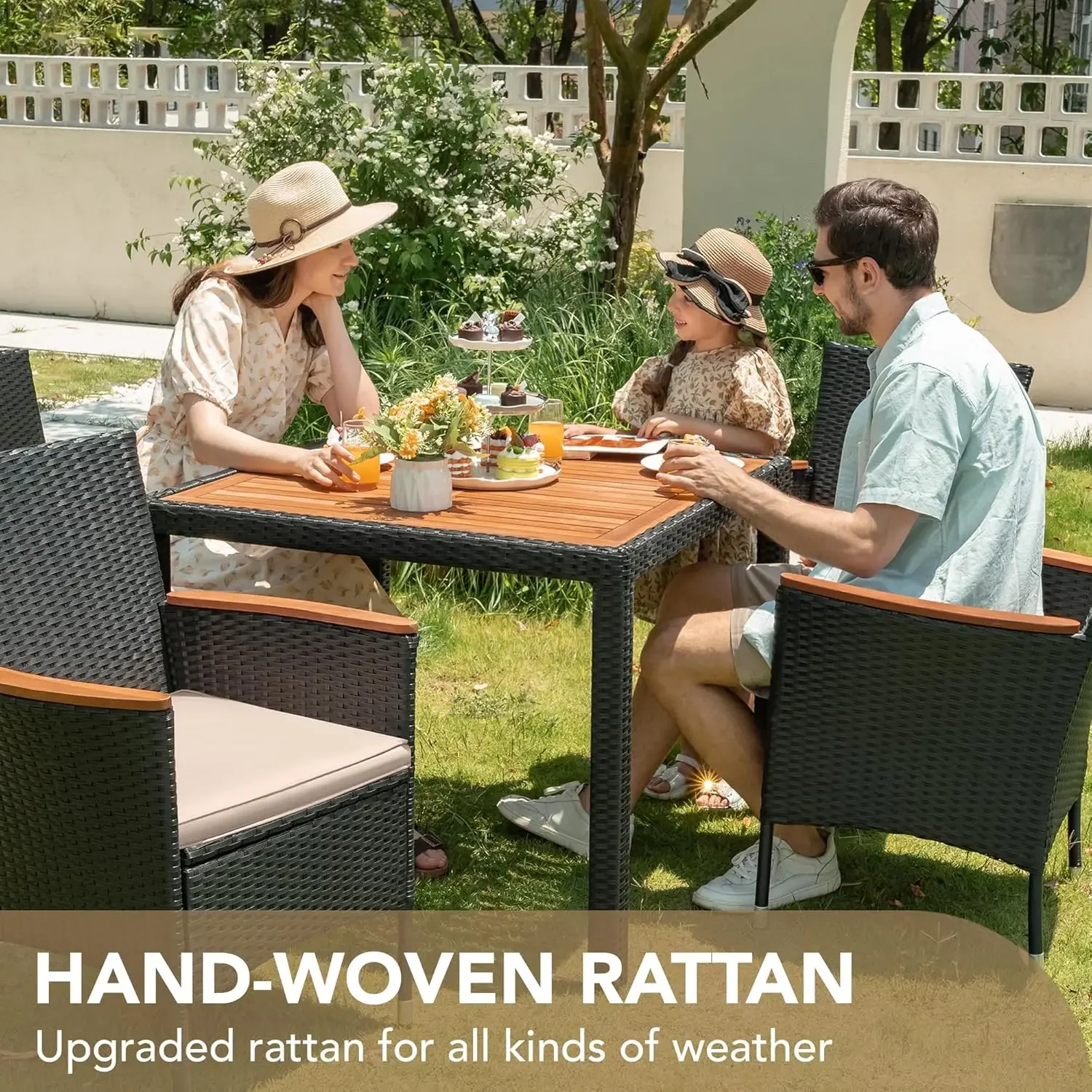 Ensemble de meubles de conversation avec plateau en bois d'acacia, table à manger extérieure en rotin, arrière-cour, jardin, terrasse, noir, 5 pièces