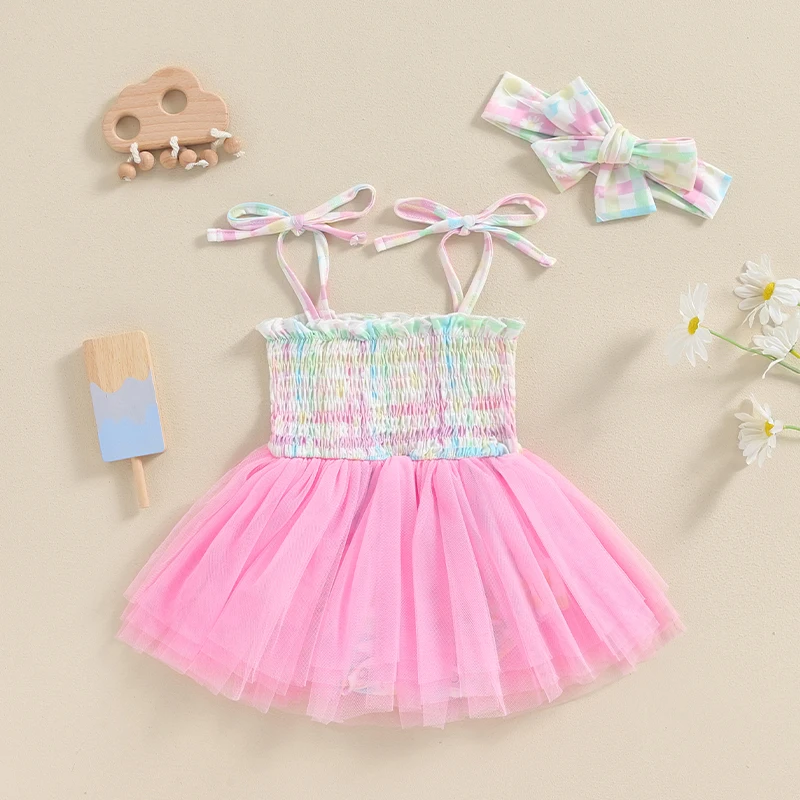 Baby Girl Slip Dress Tie-up Pleated Stripes Tulle Patchwork Princess Dress Clothes for Daily Party