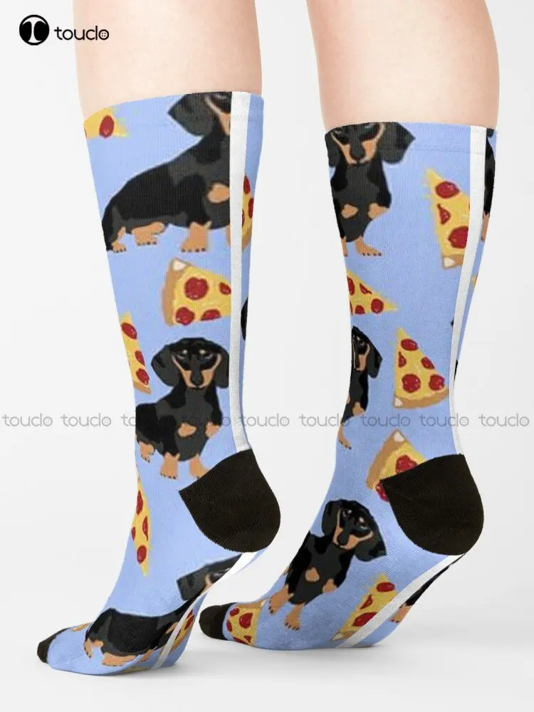 Dachshund Dog With Pizza Funny Socks Mens Socks Crew Personalized Custom Unisex Adult Teen Youth Socks Custom Gift Streetwear