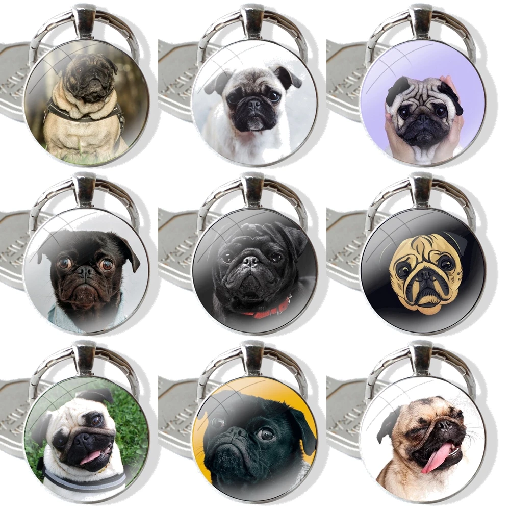 Cute Black Pug Dog Keychain Glass Cabochon Metal Pendant Classic Men\'s Women\'s Keyring