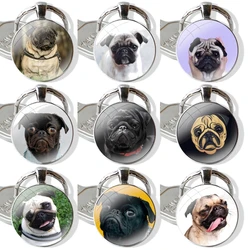 Cute Black Pug Dog Keychain Glass Cabochon Metal Pendant Classic Men's Women's Keyring