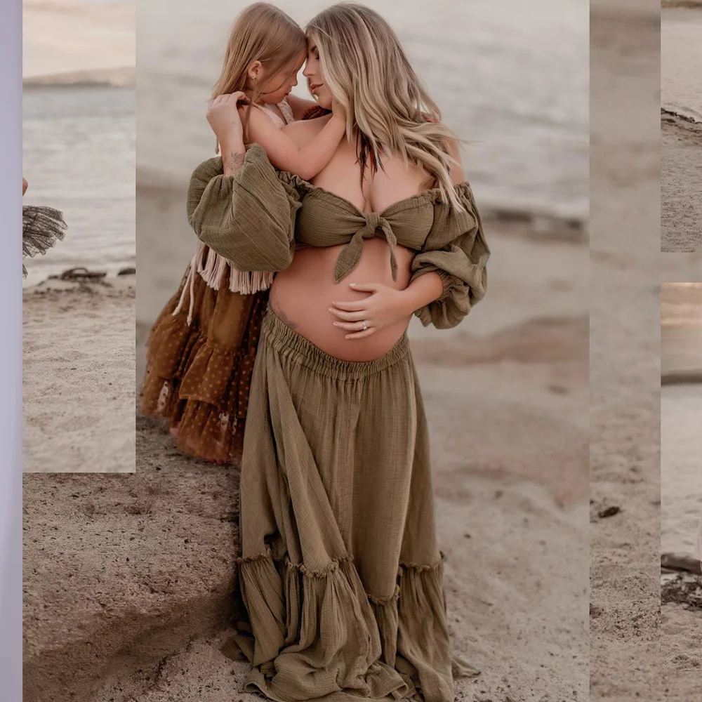 

Elegant Maternity Dress Photoshoot Lace Embroidery Chiffon Pregnancy Gown with Maternity Dress for pregnant women