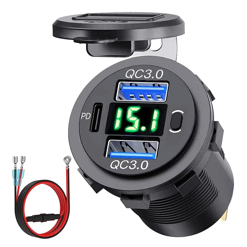 

12V USB Outlet Dual Quick Charge with Voltmeter and Power Switch, Multifunction USB Charger Adapter for Car Marine Truck