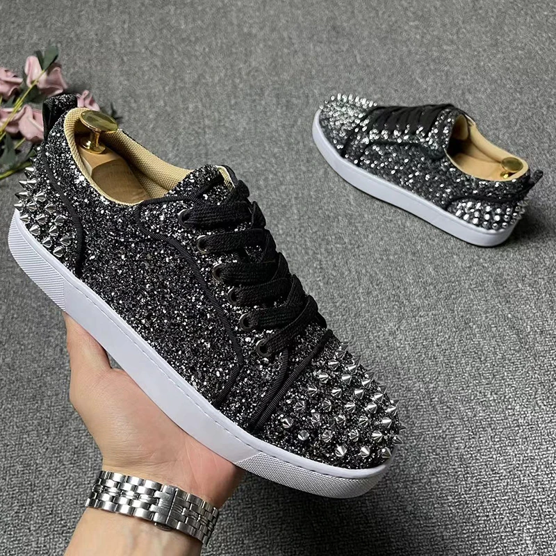 

men's casual punk rock rivets shoes black silver spikes studded shoe soft leather flats sneakers brand designer stylish footwear