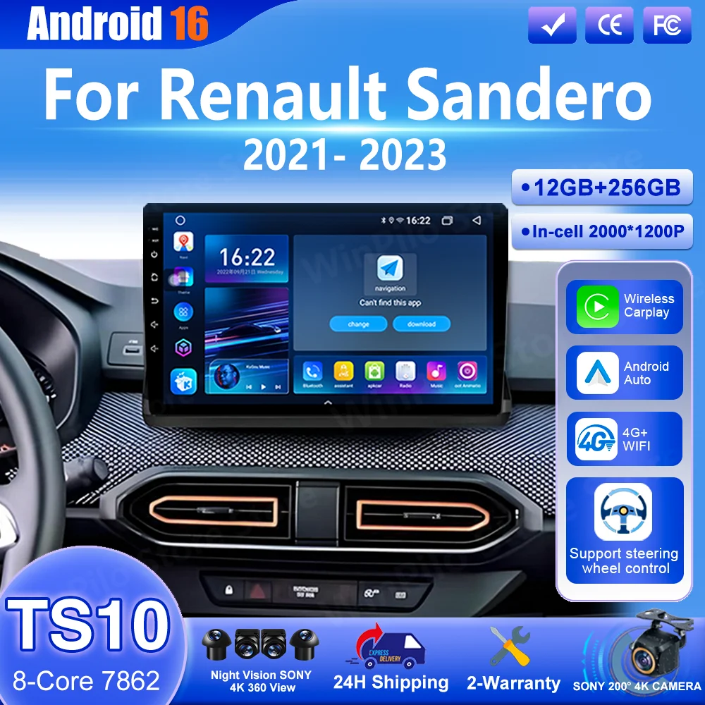 Android 16 Carpaly  For Renault Sandero 2021 2022 2023 Auto Multimedia Video Player Wireless Carplay Radio Navigation GPS WIFI