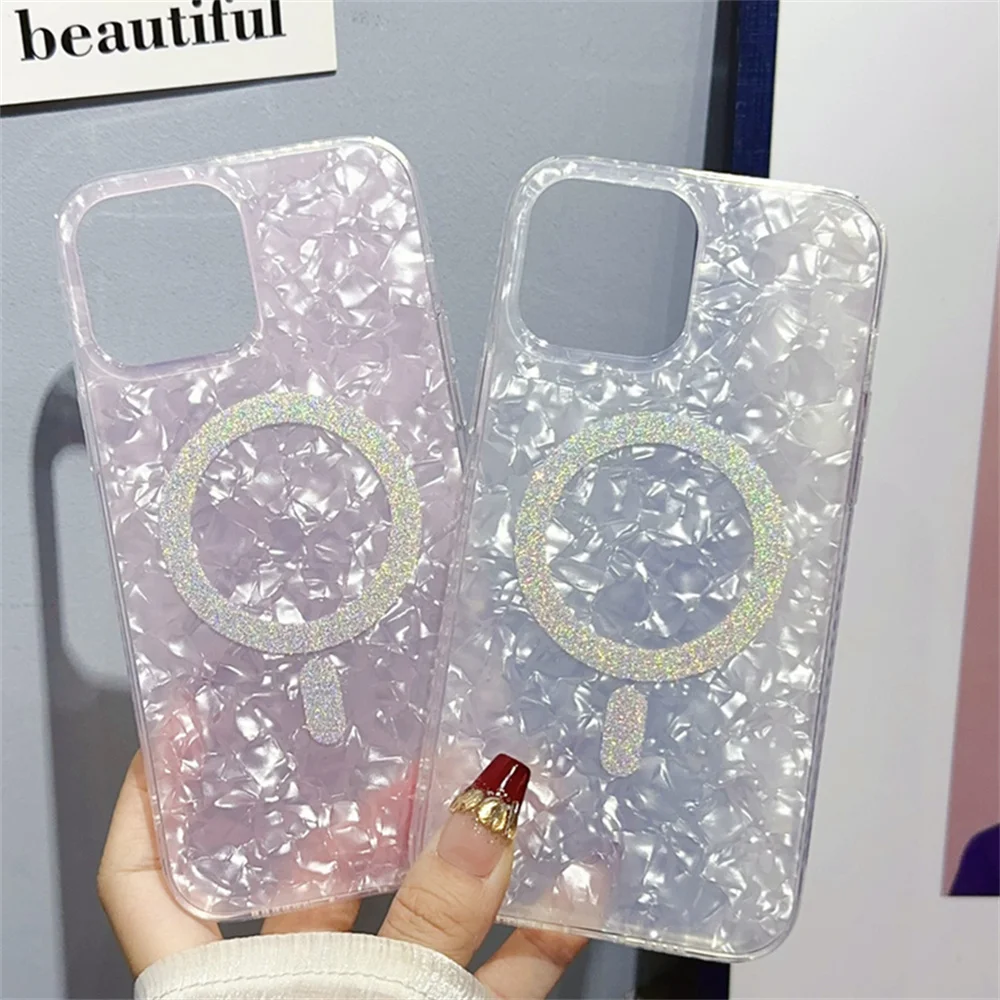 Bling Glitter Magsafe Phone Case For iPhone 16 Pro Max 16 Plus 15 Pro Shell Pattern Cover For iPhone 14 13Pro 12 11 Hard Shell