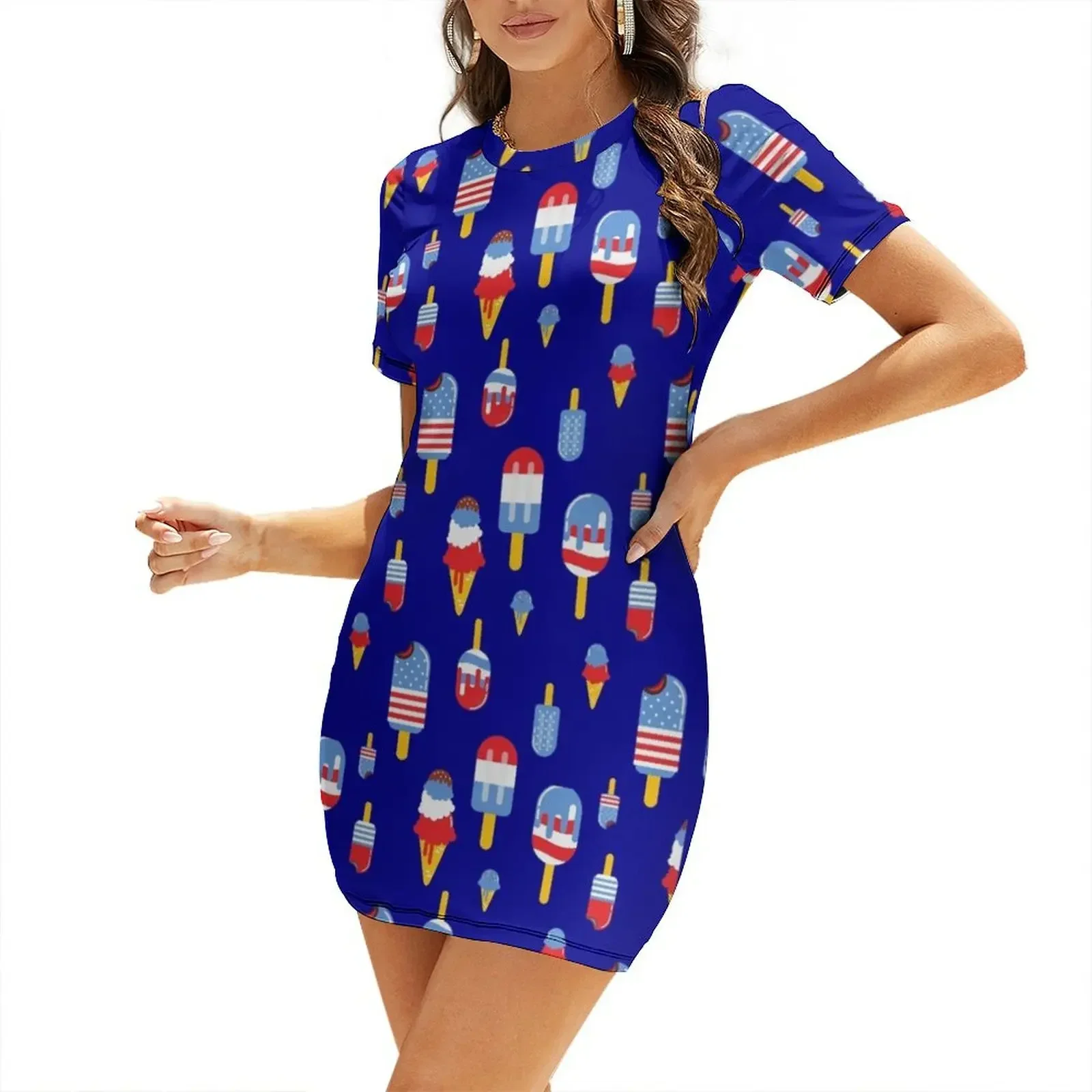 

Stars and Stripes Ice cream Cones and Popsicles Short-Sleeved Dress women evening dress