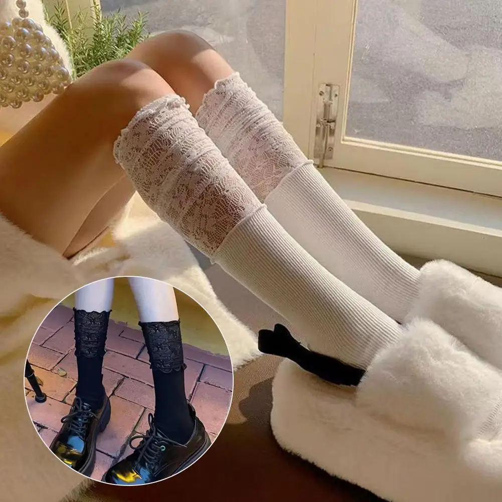 Medias altas de encaje sexis de Color sólido para mujeres y niñas, medias por encima de la rodilla hasta el muslo, botas cálidas largas de Lolita para mujeres y niñas E9Q4