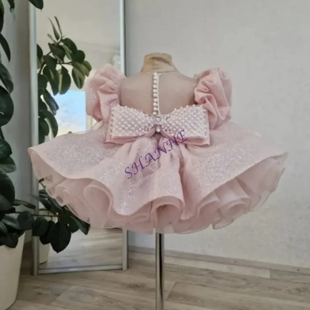 Abiti da ragazza di fiore rosa personalizzati per perle da sposa maniche corte con fiocco gonfio abito da prima comunione per festa di compleanno per bambini
