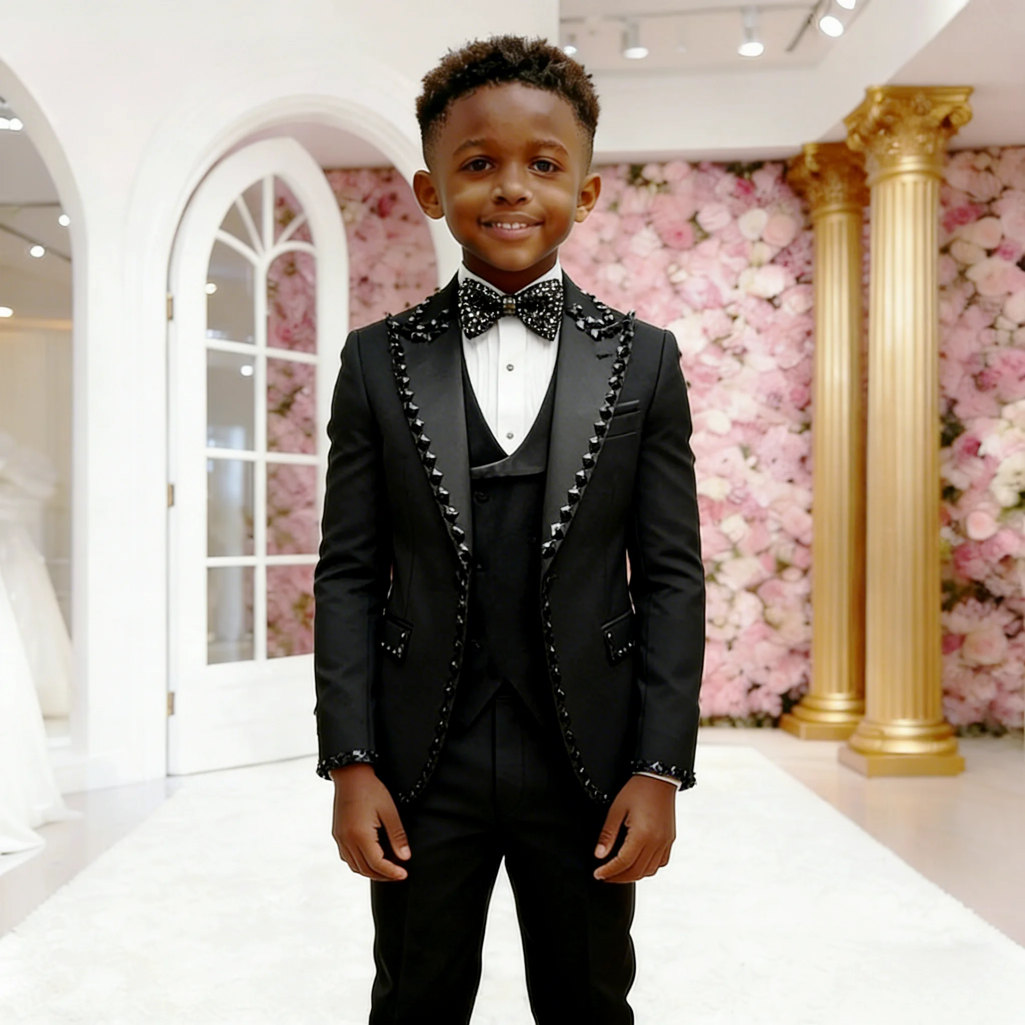 

Черный костюм для мальчиков из 3 предметов: свадебный смокинг, однобортный пиджак, жилет, брюки, детский комплект-тройка, приталенный крой, детский наряд