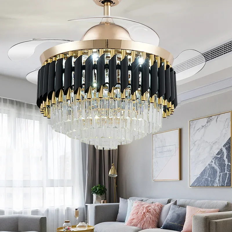 Luxury Crystal Fan Chandelier with 110/120cm Fan Blades for Living Room Bedroom Restaurant Decor Nordic LED Suspension Light