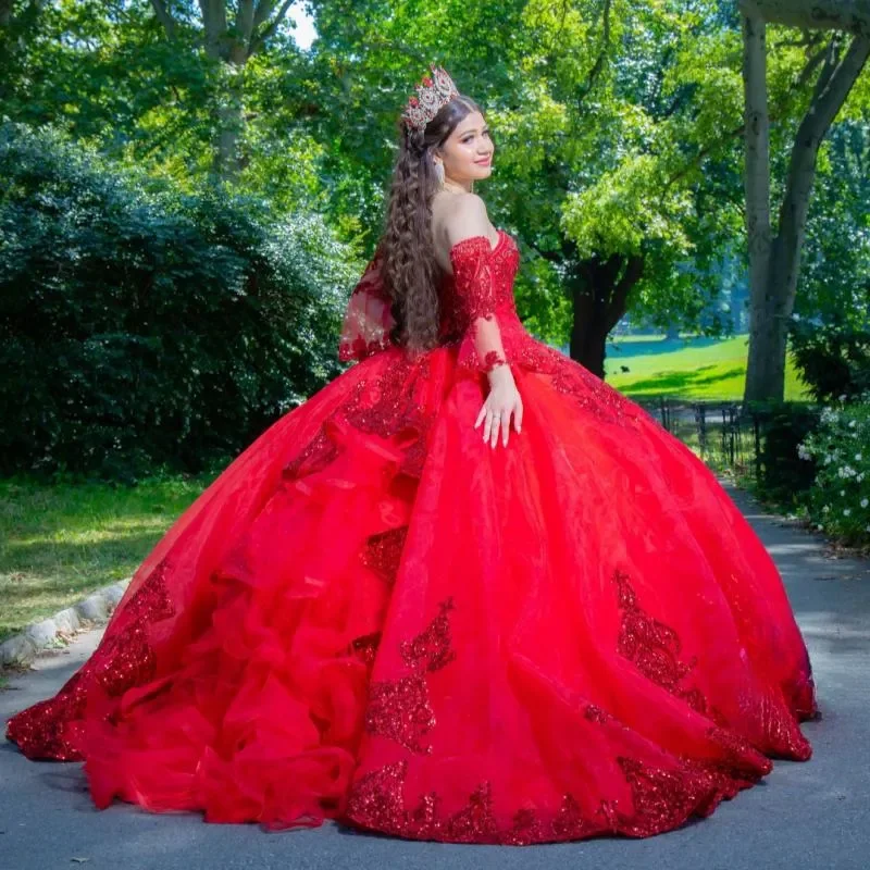 Angelsbridep vermelho brilhante quinceanera vestidos lantejoulas apliques rendas miçangas tull em camadas festa de aniversário doce 16 vestido personalizado