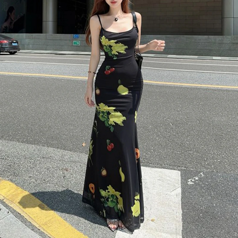 Women Sling Dresses Summer New Streetwear Sexy Backless Black Maxi Dress Fashion Fruit Print Elegant Casual Slim Female Dresses