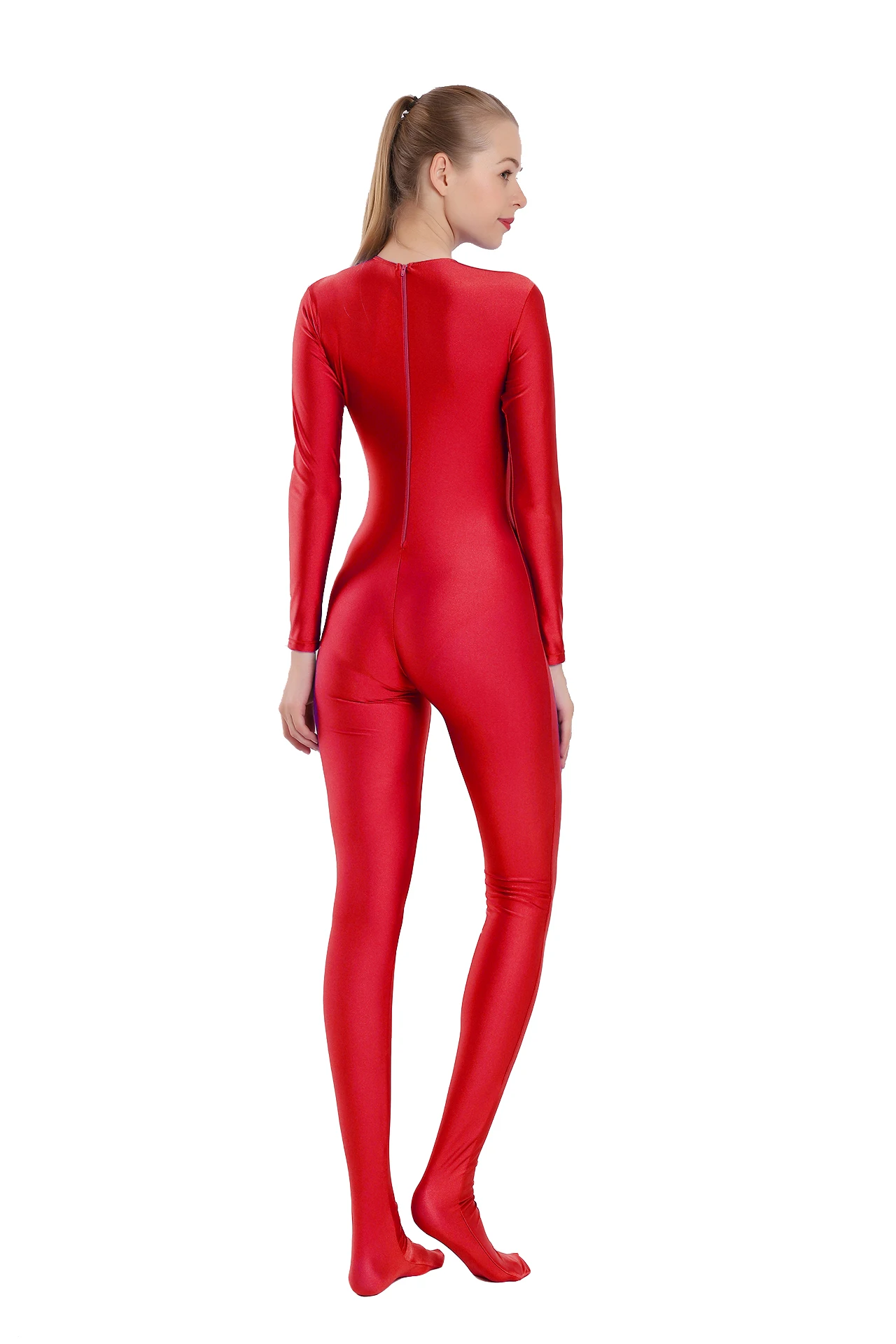 AOYLISEY Red Full Body Zentai Unitards tuta manica lunga tuta ginnastica con piedi Catsuit ragazze pelle stretto Costume di Halloween