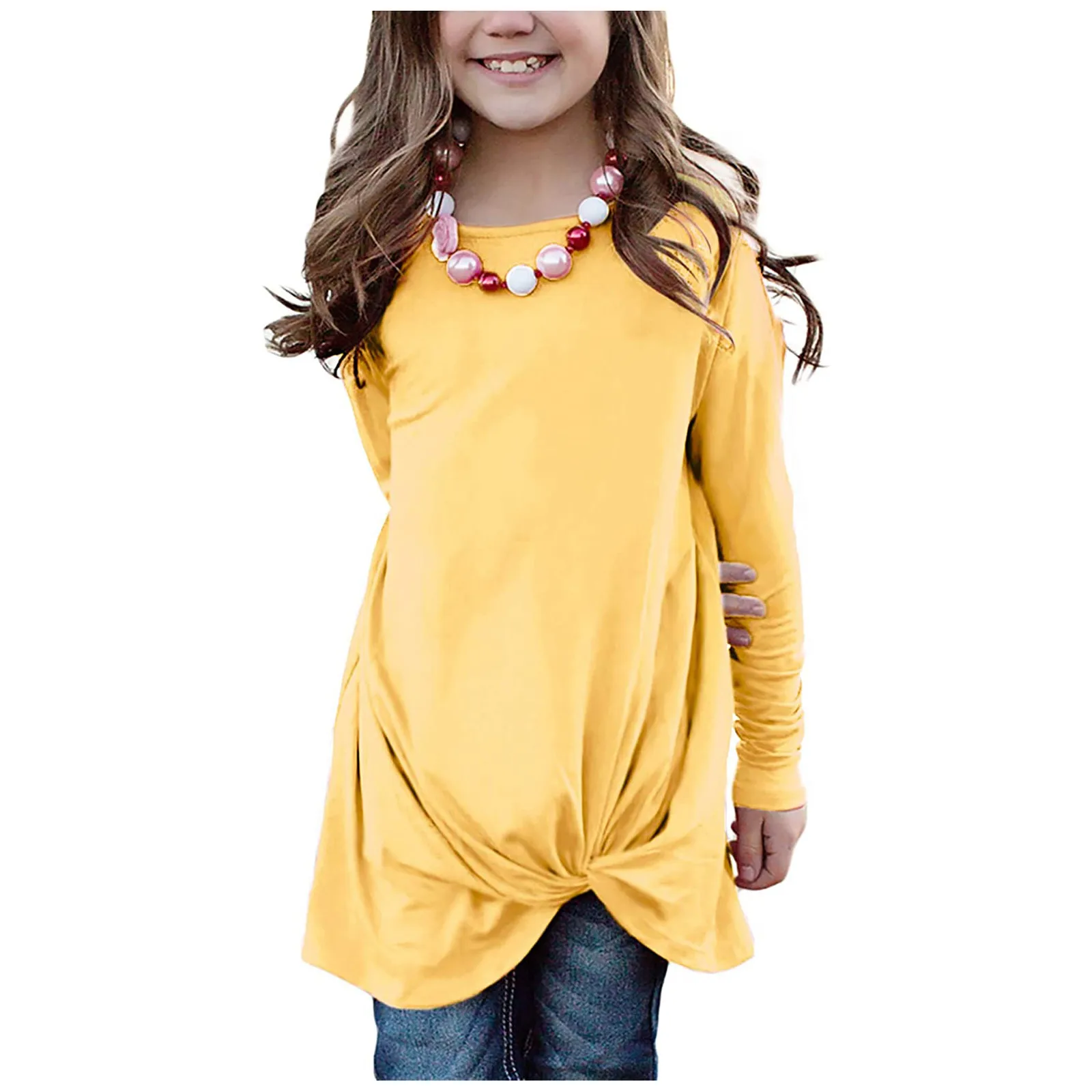 

Autumn Fall Kids Tops Girls Casual Tunic Tees Shirt Knot Front Long Sleeve O Neck Long T-shirt Tees Casual Loose Solid Tshirts