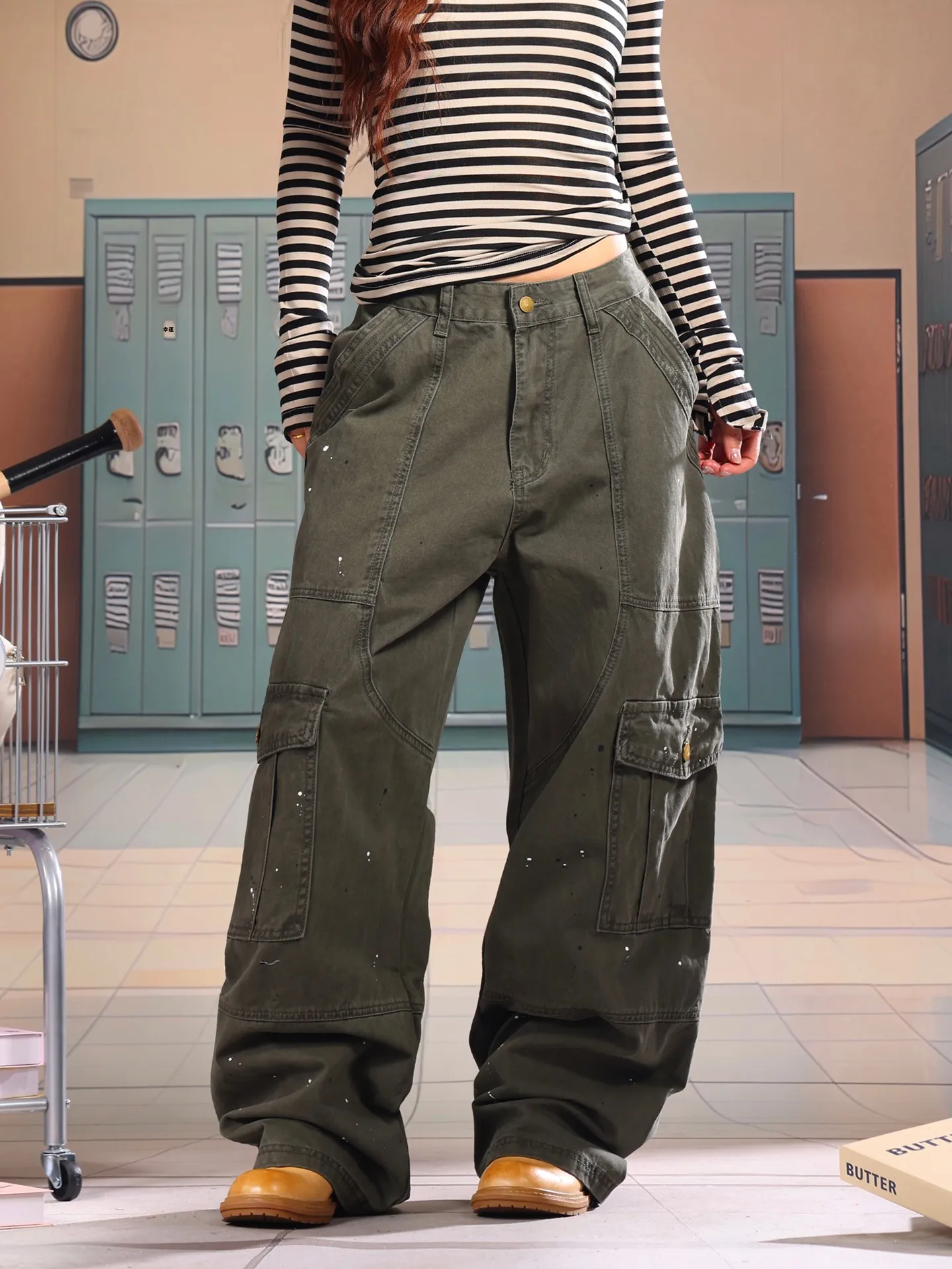 

Light Blue American Sle Spray Ink Denim Jeans Women's Early Spring Worn Loose Workwear Long Trousers l Waist