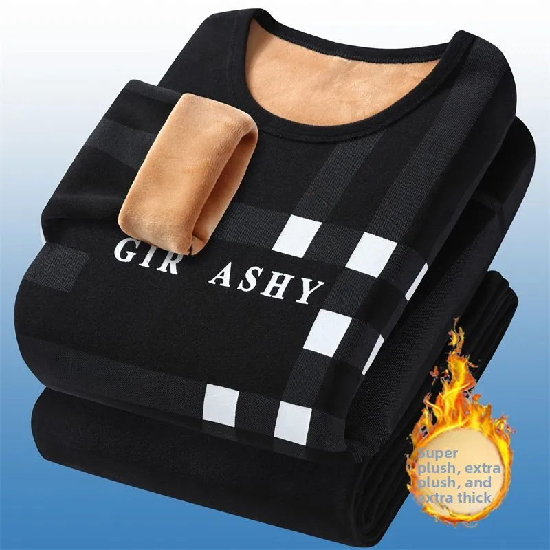 남성용 보온 내의 플리스 두꺼운 세트 겨울 중간 높이 목 독일산 플리스 청소년용 롱존스 바텀 코튼 스웨터