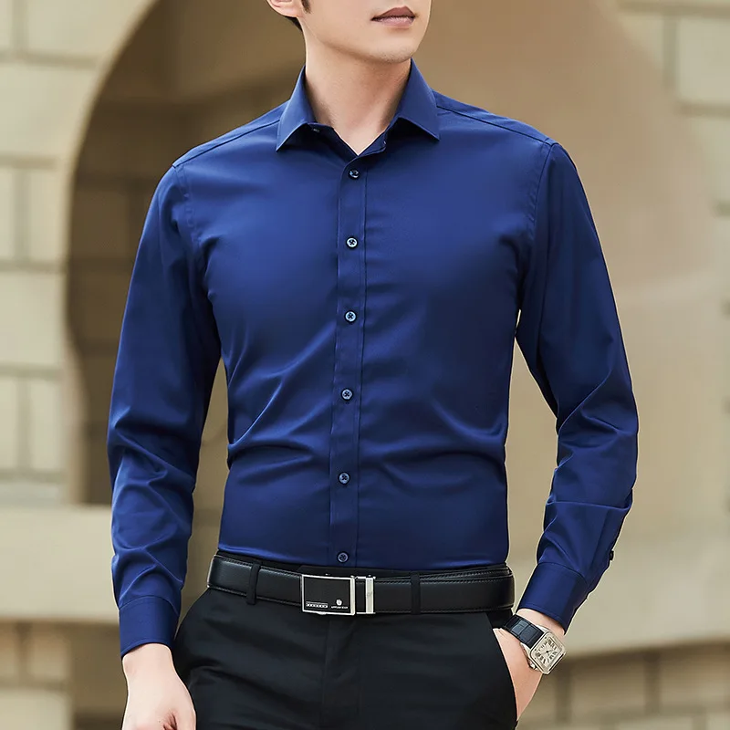 Nieuwe Plus Size Heren Effen Kleur Business Shirt Mode Klassiek Basic Casual Slim Wit Shirt Met Lange Mouwen Merkkleding - afbeelding 1