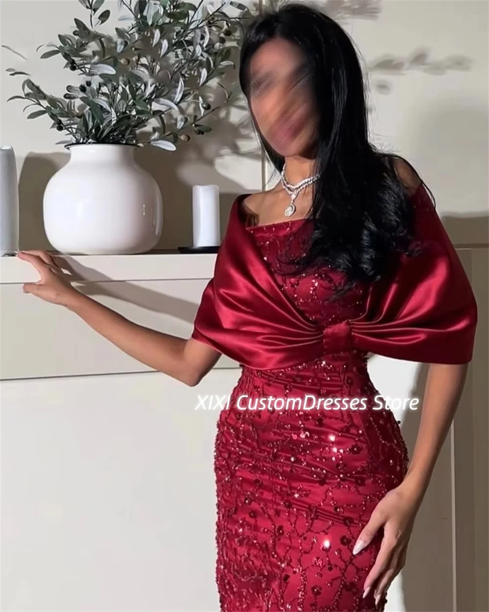 تخصيص فساتين Fساتين سهلة الاستخدام بدون حمالات باللون الأحمر بطول الأرض للحفلات الراقصة وأشرطة كاب مكشكشة وسحاب حتى الفساتين للمناسبات الخاصة #3