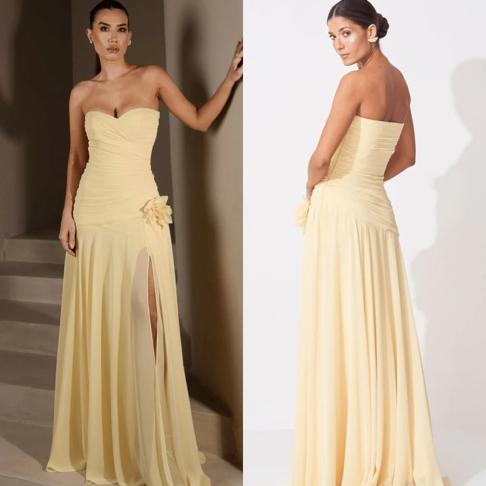 

Customized Matching Classic Chiffon Handmade Flower Pleat A-line Strapless Long Dresses Bespoke Occasion Dresses High Quality
