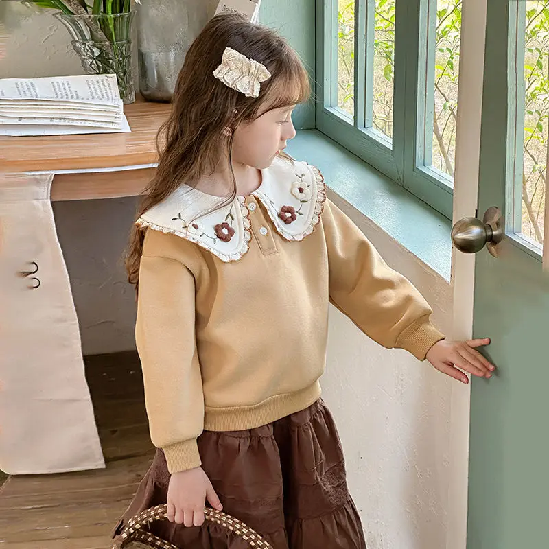 

Girls' Winter Thickened Fleece-lined Lace Ruffled Collar Stylish Princess Outerwear Sweatshirt