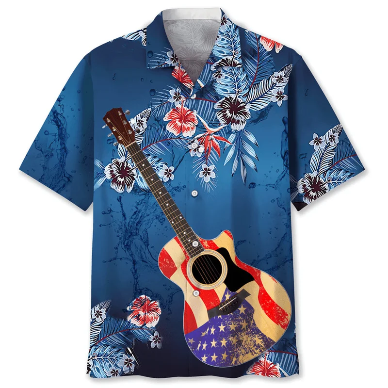 Tropical Plants Guitar 3d Printed Hawaiian Shirt For Men Musical Instrument Pattern Short Sleeves Shirt Lapel Button Blouse