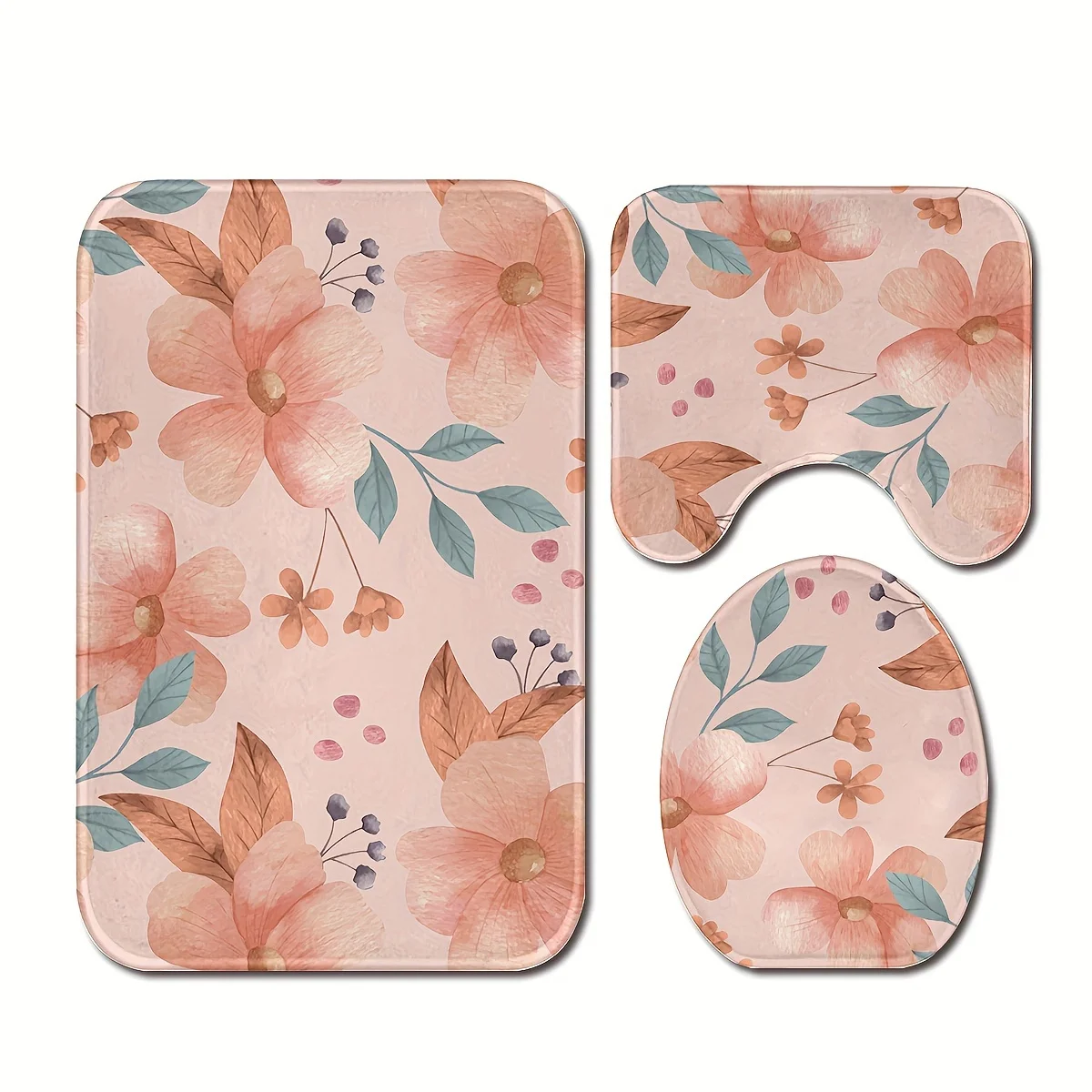 

3PCS Pink Flower Pattern Bathroom Rug Set Watercolor Floral Print Toilet Mat Non Slip Floor Mats Water Absorbent Home Decor