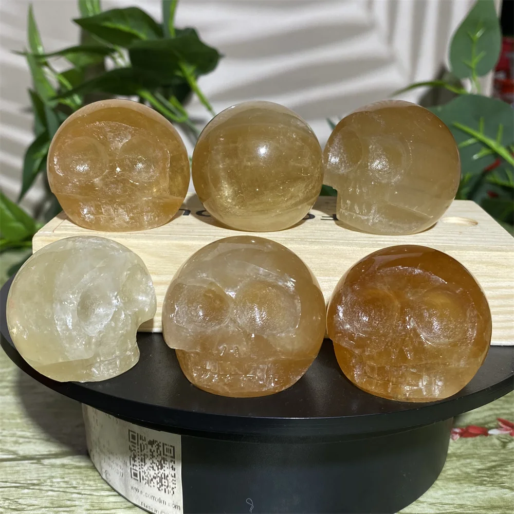 Golden Calcite Skull Crystal Cranium Craft  Natural Spiritual Mineralsl Feng Shui Reiki Stone Quartz Carving Home Decoration