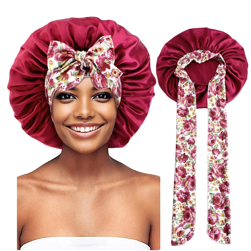 Damen-Satin-Mütze mit Schnürung und breiten Stretch-Krawatten, Band, langer Schwanz, Satin, Cheveux Nuit, seidige Schlaf-Nachtmütze, Mützen – Detail 15