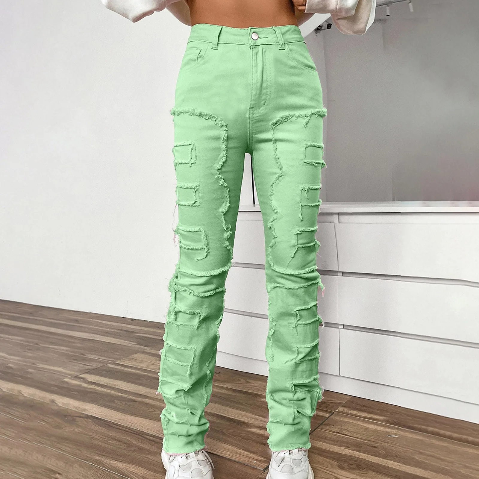 Jeans For Teen Girls Women Denim Embroidered Straight Leg Pants Stretch Patch Denim Stacked Straight Leg Jeans For Women 여성바지