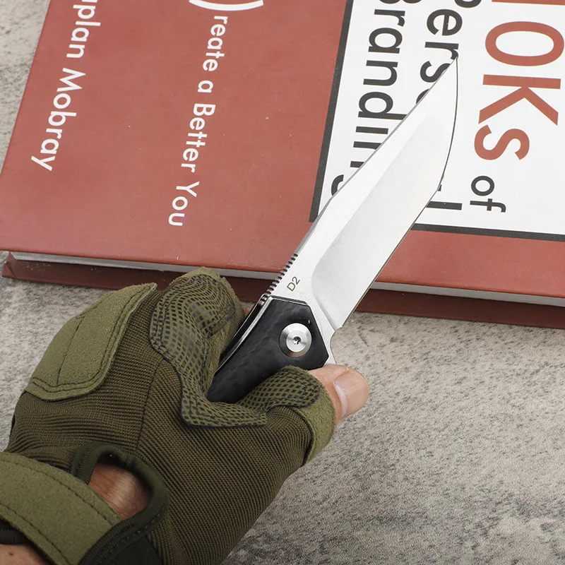 RHON 3.85inch EDC Foable Knife High Carbon D2 Tanto Blade Outdoor Camping Fliper Folding Pocket Knives with Carbon Firber Handle - view 3