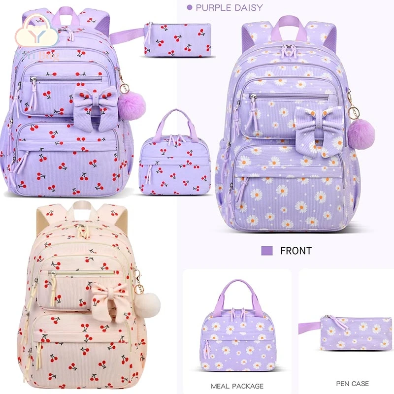 Daisy Cherry Pattern School Bag Backpacks Pencil Case Handbag Three Piece Set Boys Girl Teenagers Trend High Quality Backpack