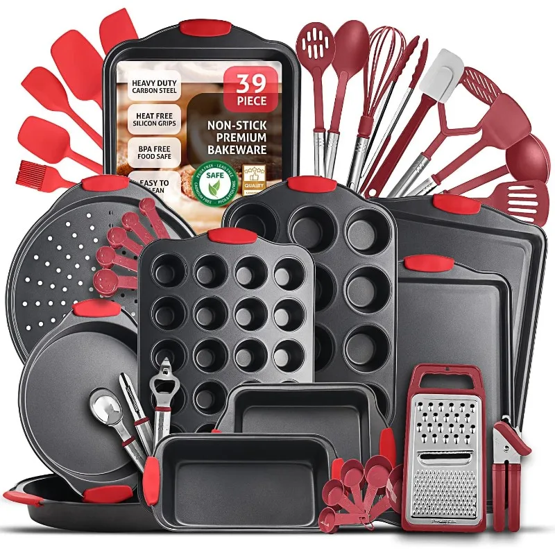 39 Piece Premium Baking Set, Nonstick Bakeware Sets BPA Free, Cookie Sheets for Baking Nonstick Set, Steel Baking Sheets