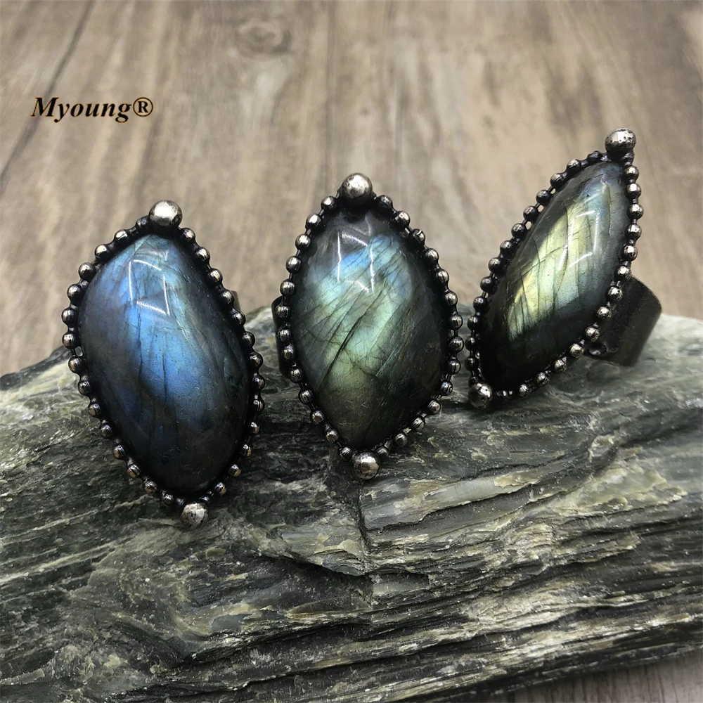 

10PCS Antique Vintage Larger Soldered Freeform Natural Flash Labradorite Stone Adjustable Rings For Women MY220805