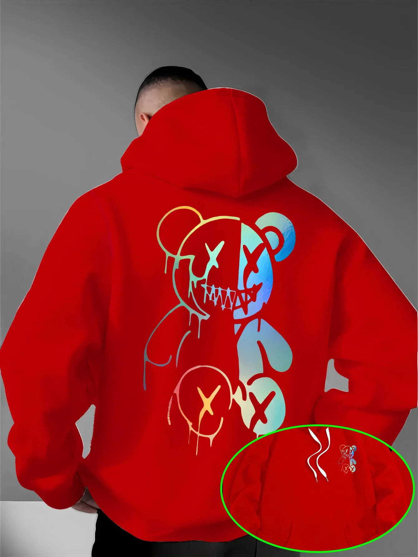 Lockere, übergroße Herren-Hoodies mit holografischem, geteiltem Evil-Bear-Motiv auf Vorder- und Rückseite, Pullover-Sweatshirt, dunkle Streetwear, Alltags-Kapuzenoberteile – Detail 15