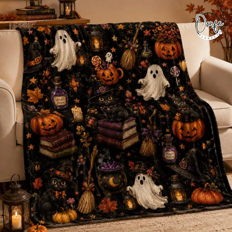 Cute Halloween Blanket, Witchy Black Cat Ghost Throw, Pumpkin Broom Potion Spooky Decor, Gothic Cottagecore Fall Blanket, Halloween Gift