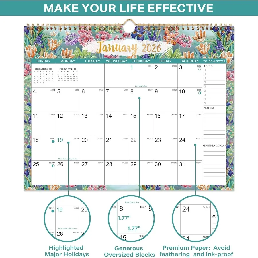 تقويم حائط 2026 تقويم 2026 يناير 2026 ديسمبر 2026 15 بوصة × 11.5 بوصة 12 تقاويم حائط شهرية مع كتلة يومية ورق سميك معلق H