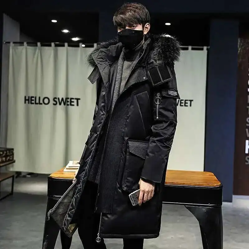 HKSH Winter Autumn New Jacket Men\'s Tide Long Thicken Warm Big Fur Collar Trend Loose White Duck Down Hooded Cotton Coat HK0112