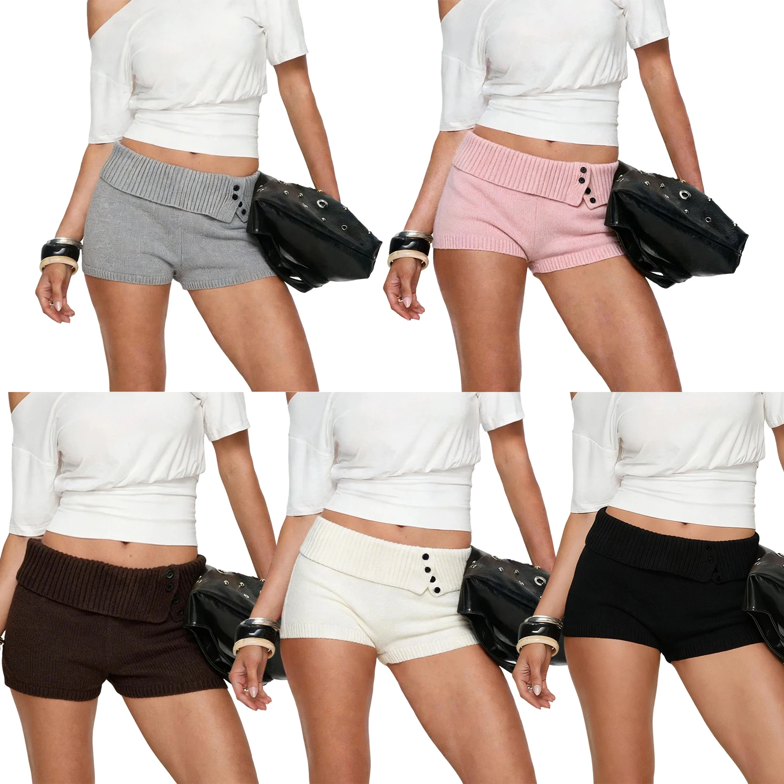 

Новые женские трикотажные шорты весна 2026: сексуальные, повседневные, облегающие, стильные, с декоративными пуговицами, в рубчик, с отворотами, средней посадки