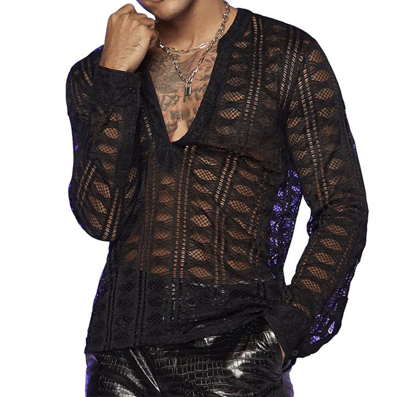 Mens Deep V Neck Hollow Mesh Long Sleeve Top See Through Sheer Lace Shirt Slim Fit Nightclub Party Casual Transparent Blouse