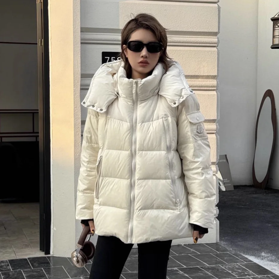 

Winter Puff Hooded Mid Length Down Jacket Female Thicken Warm Jackets Women White Duck Down Zipper Parker Waterproof Outwears