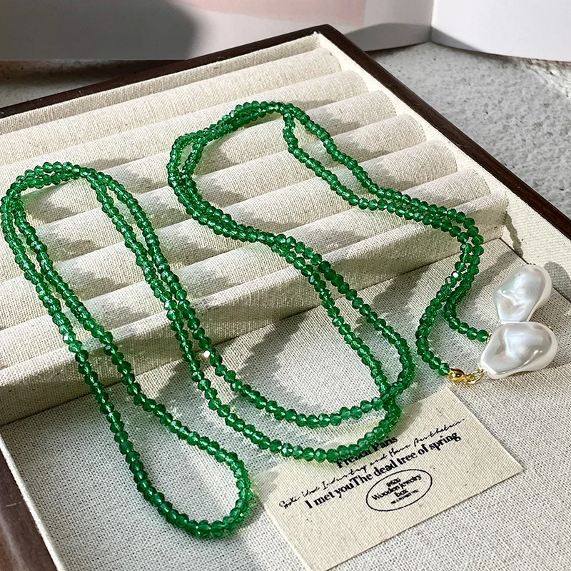 HangZhi Fashionable Pearl Green Beaded Long Necklace Multiple Wearing Sweater Chain French Vintage Jewelry for Women New